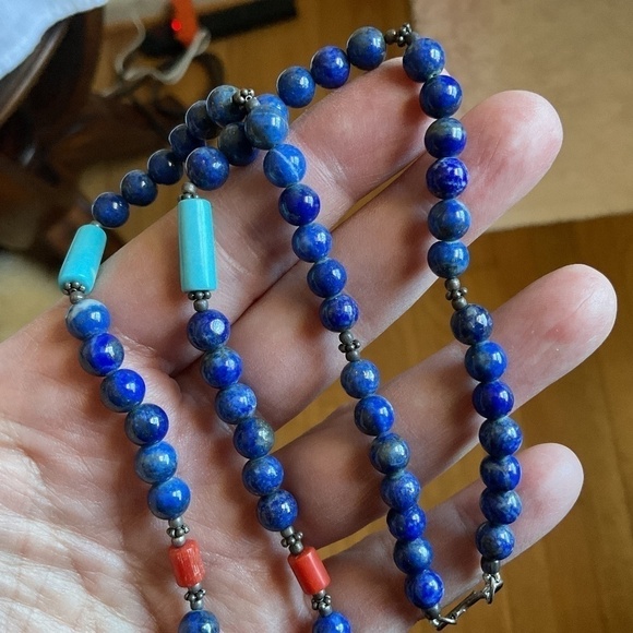 𝅺sterling SILVER 925 LAPIS LAZULI/RED CORAL/Turquose silver beds NECKLACE​​ - Picture 5 of 13